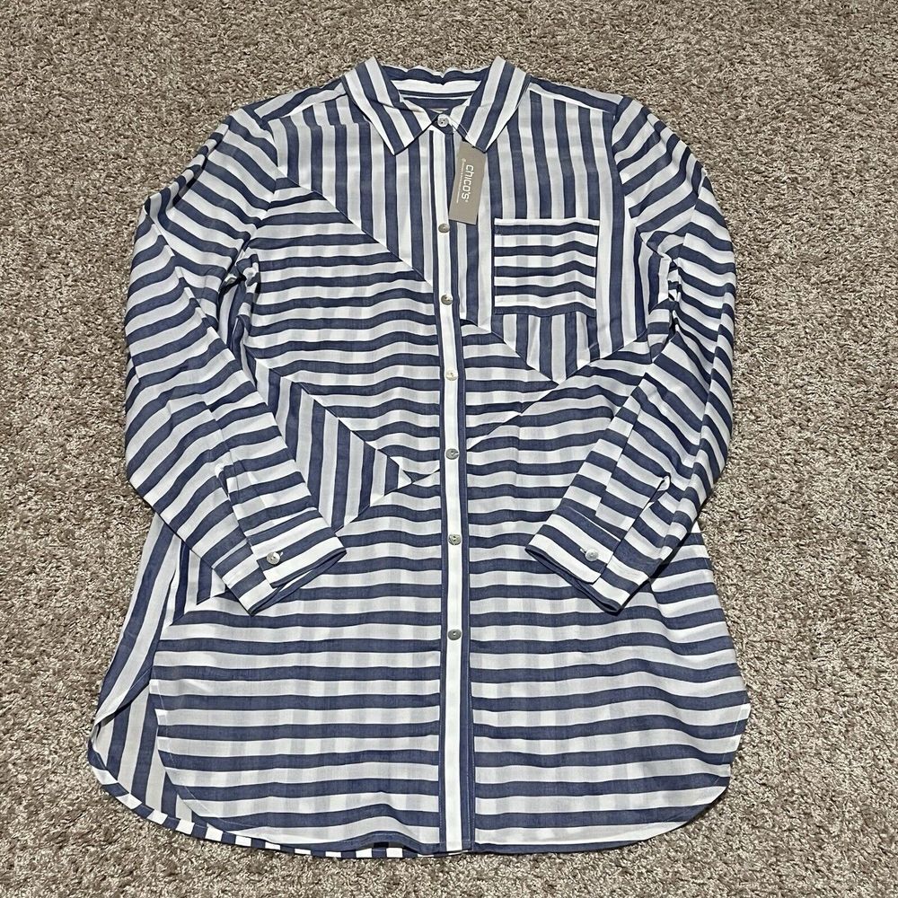 Chicos Womens Shirt Dress Size 0 Blue White Stripes Button Pocket